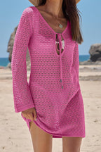Solid Color Knit Hollow V-Neck Tie Long Sleeve Cover Up Mini Dress