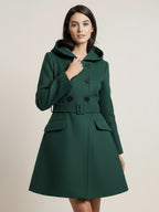 Hooded A-Line Midi Coat With Double-Breasted Design And Belt For Women 2026