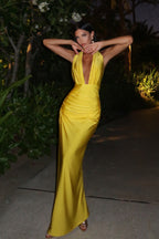 Satin Halter Deep V-Neck Choker Backless Ruched Mermaid Maxi Gown