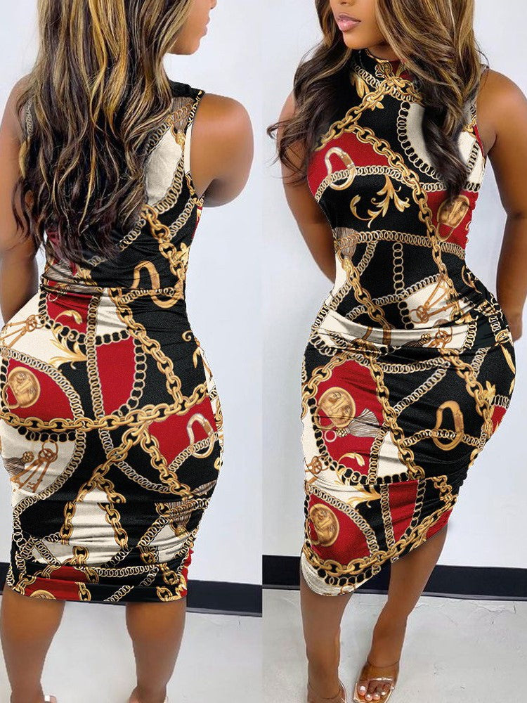 Baroque Chain Medallion Print Mock Neck Sleeveless Ruched Bodycon Midi Dress