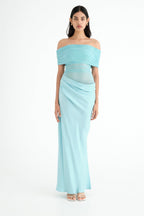 Off Shoulder Ruched Mesh Waist Panel Draped Overlay Maxi Gown