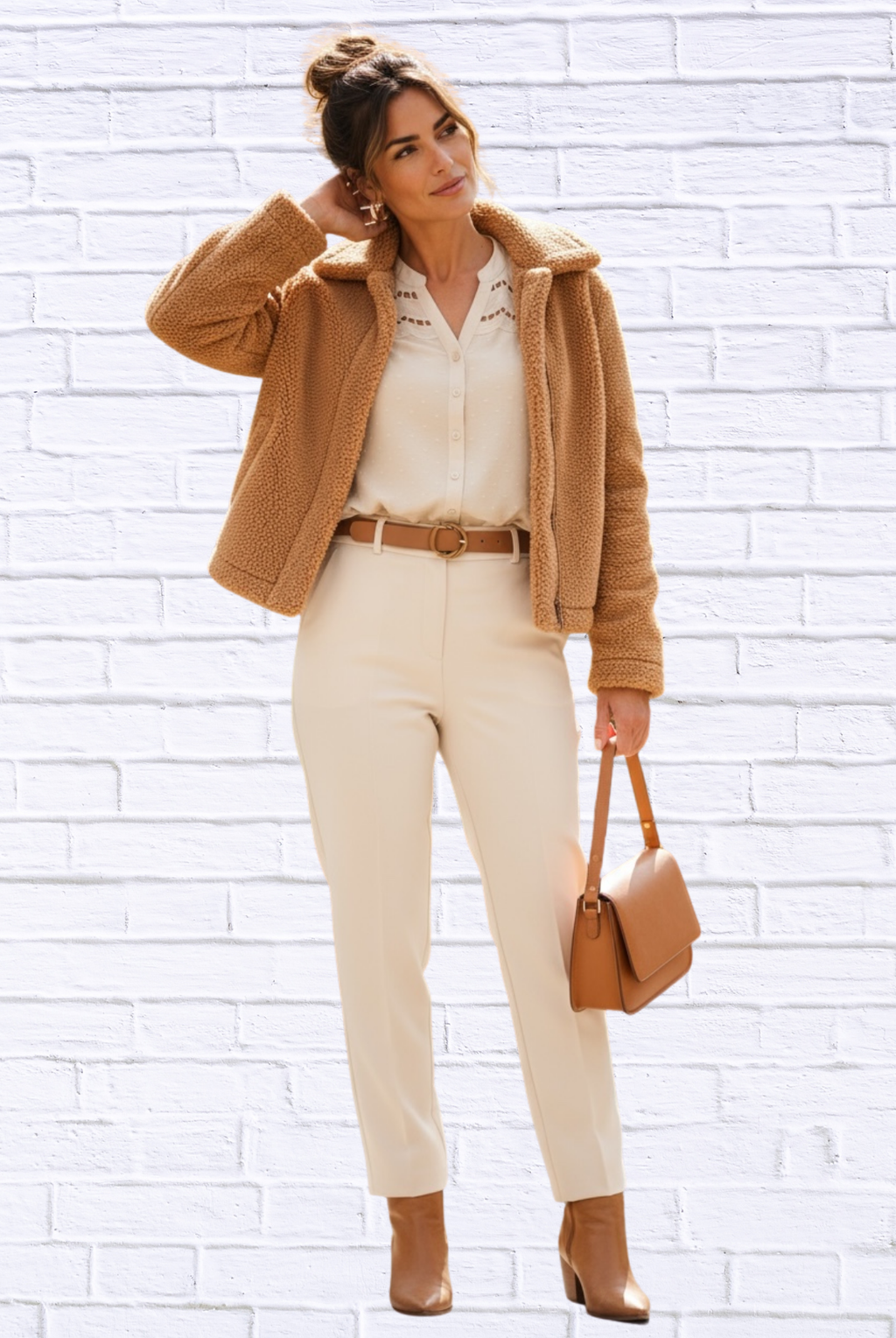 Eyelet Scallop Sleeve Button-Up Blouse _ Cream Beige