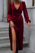Velvet Wrap Deep V-Neck Bishop Sleeve Tie Waist High Split Maxi Dress