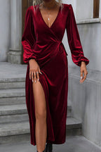 Velvet Wrap Deep V-Neck Bishop Sleeve Tie Waist High Split Maxi Dress