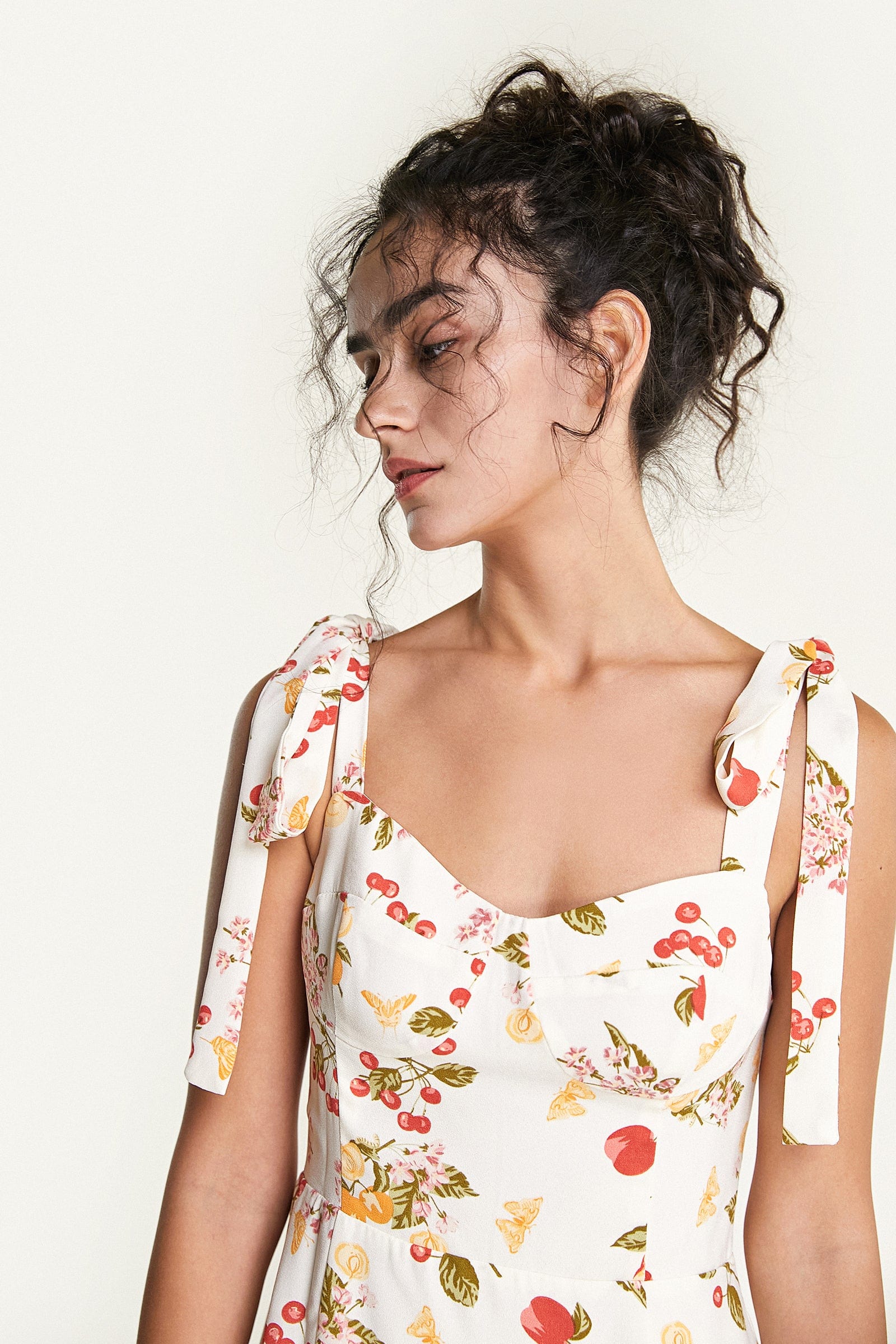 Fruit Print Tie Shoulder Bustier Fit and Flare Mini Dress