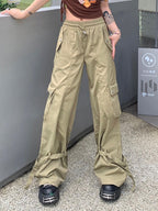Vintage Big Pocket Drawstring Buckle Design Cargo Pants