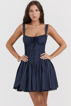 Corset Bodice Sweetheart Tie Waist Lace Trim Flare Hem Mini Dress