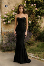 Floral Jacquard Spaghetti Strap Square Neck Mermaid Maxi Gown