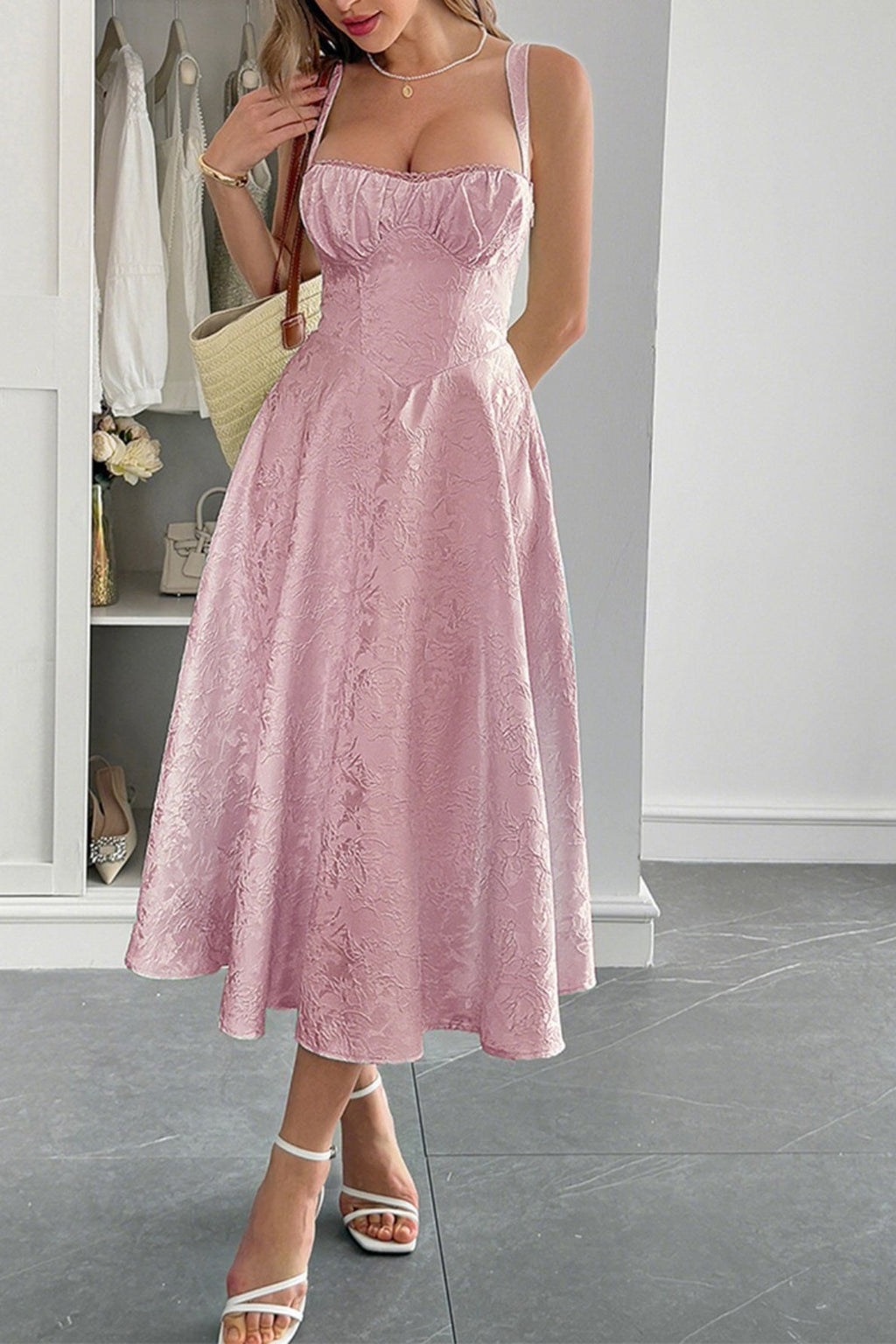 Jacquard Floral Bustier Lace Trim Pointed Waist Fit and Flare Midi Dress