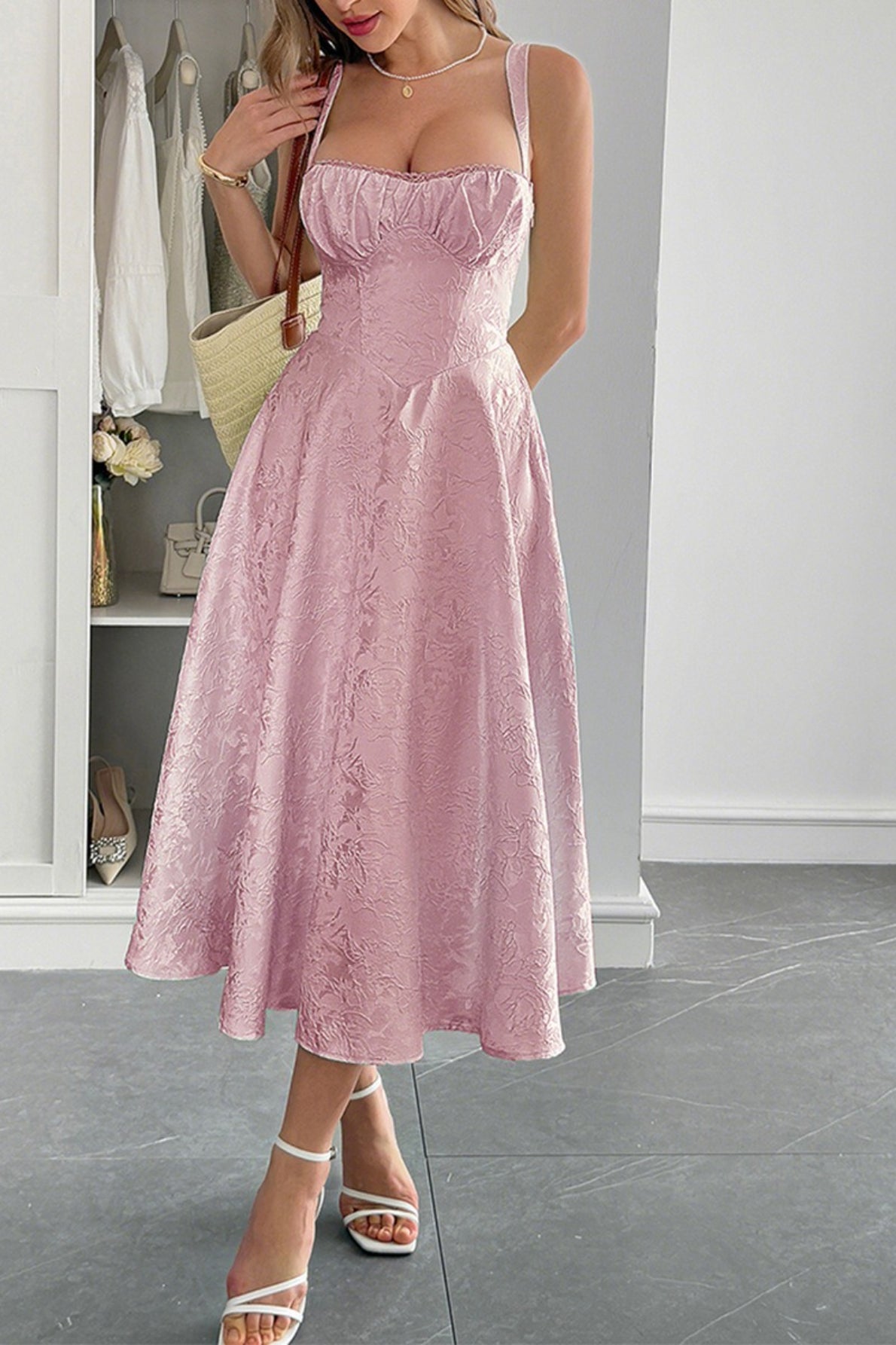 Jacquard Floral Bustier Lace Trim Pointed Waist Fit and Flare Midi Dress