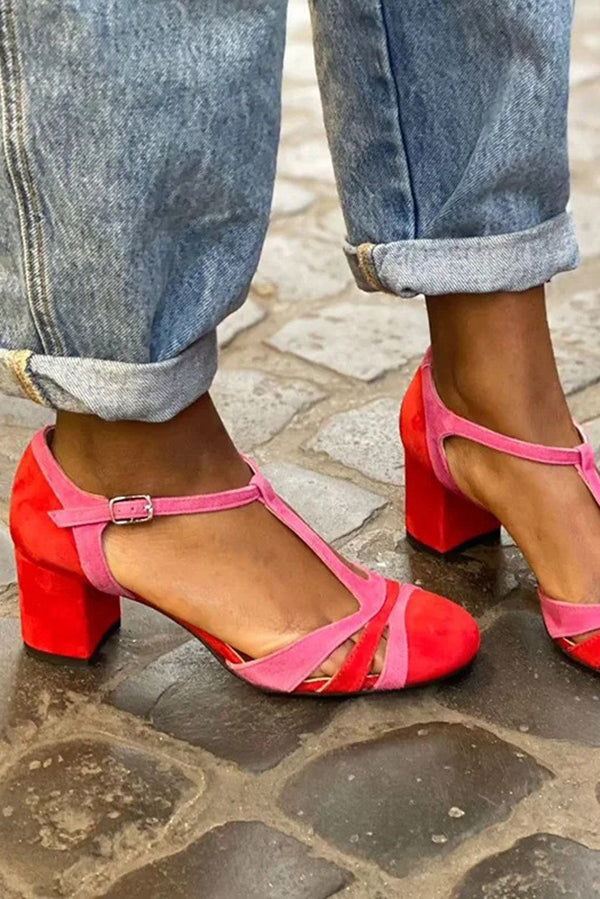 Color-blocked Faux Suede Chunky Heel Sandals