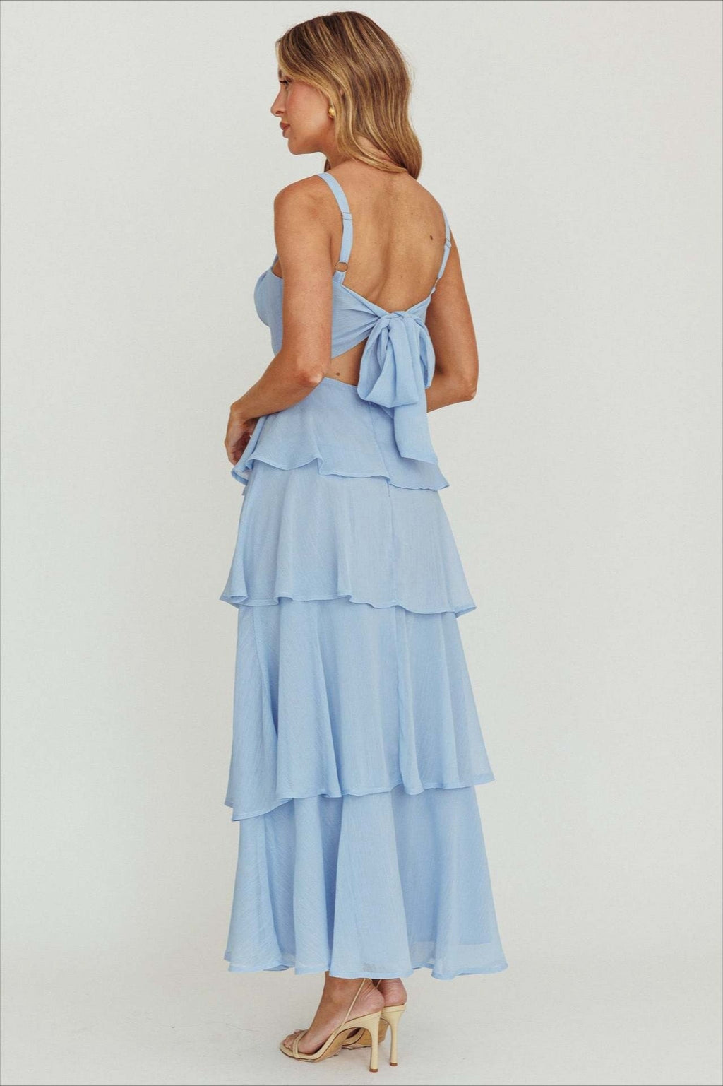 Sexy Backless Halter Tiered Ruched Waist Maxi Prom Dress