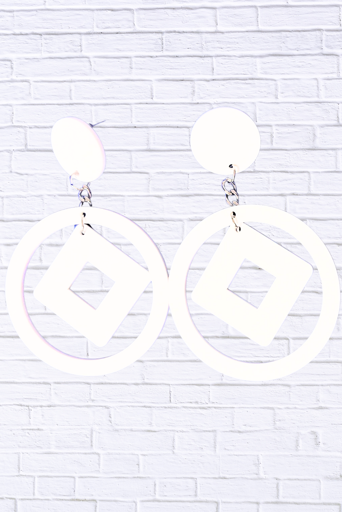 Modern Geometric Circle & Square Drop Earrings _ White Statement Fashion Jewelry