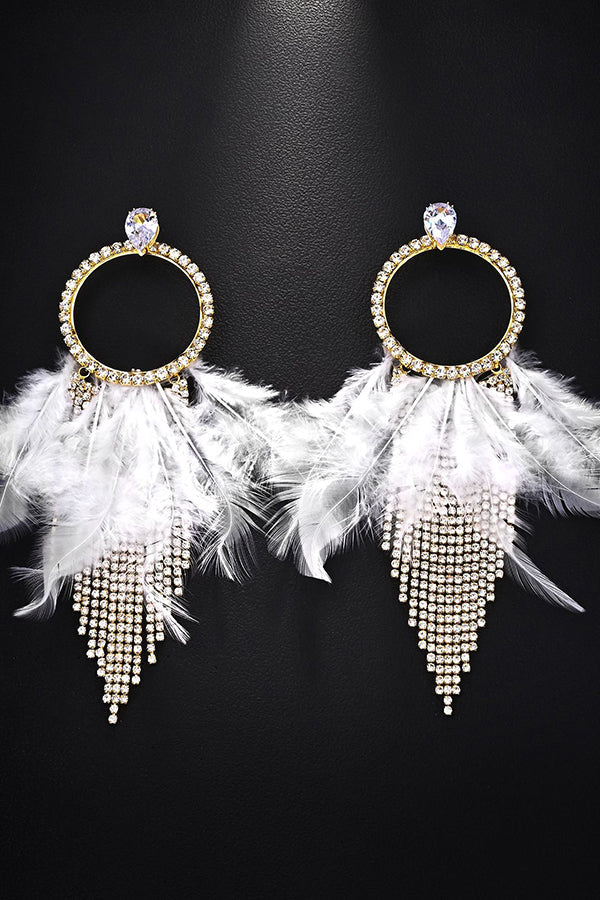 Rhinestone and Feather Tassel Earrings
