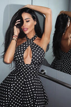 Black Halter Backless Side Ruched Polka Dot Bodycon Mini Dress