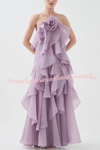 Free - Flowing Rose Detail Tiered Ruffles Halter A-line Maxi Dress