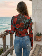 Vintage Rose Floral Print Lettuce Trim Mesh Long Sleeve Skinny Top For Women 2026
