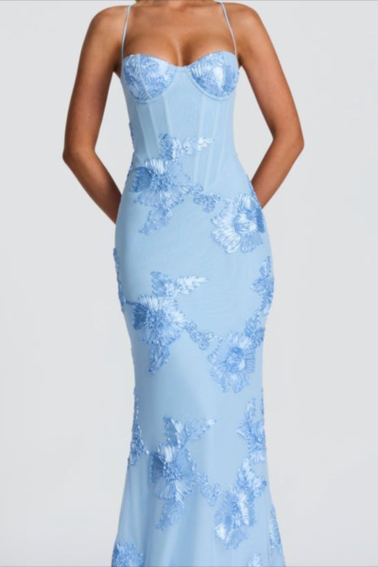 Spaghetti Strap Corset Bodice Floral Lace Appliqué Open Back Mermaid Maxi Dress