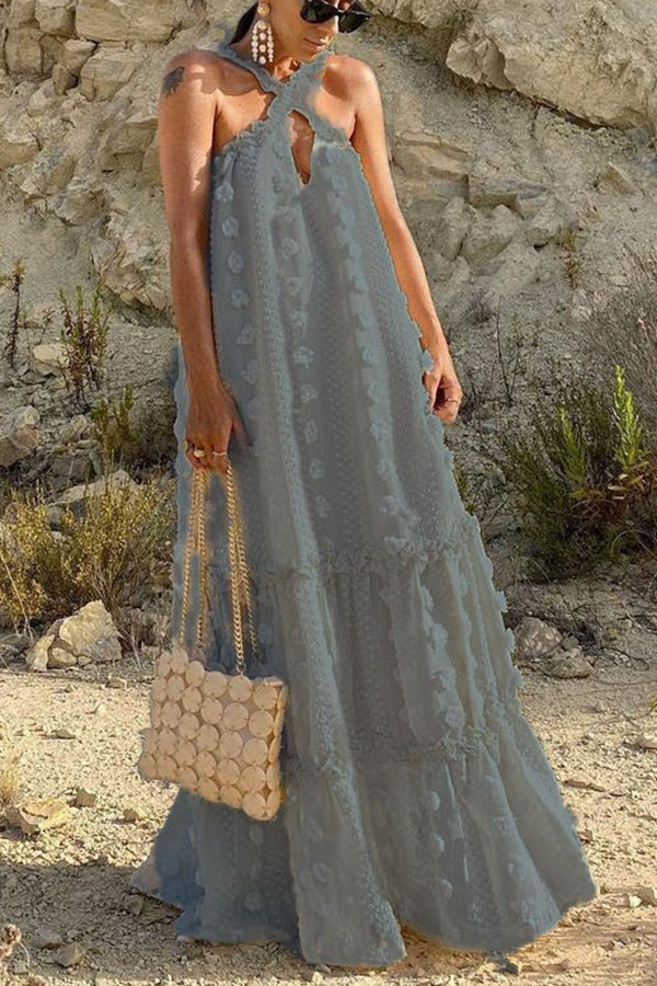 3D Floral Applique Halter Keyhole Tiered Maxi Dress