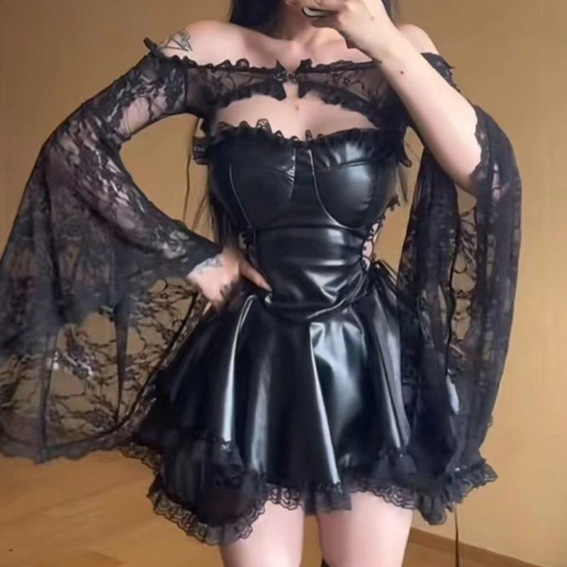 Off Shoulder Faux Leather Corset Lace Trumpet Sleeve Tiered Ruffle Mini Dress