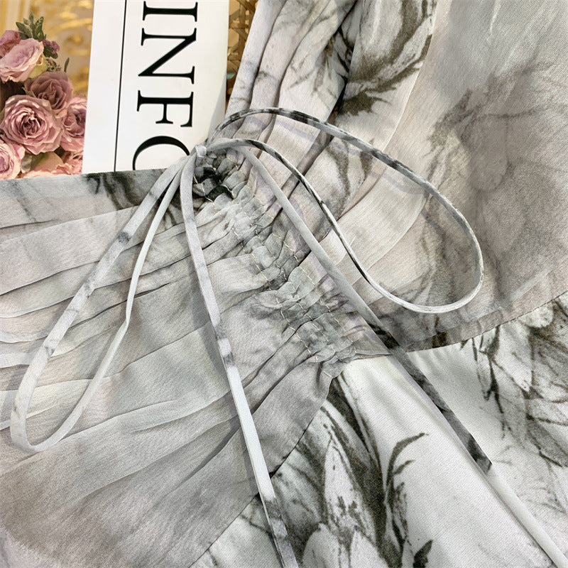 Botanical Sketch Print Puff Sleeve Lace-Up Square Neck Tiered Maxi Dress