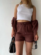 Long-sleeved Shirt And High-waisted Drawstring Shorts Casual Two-piece Set