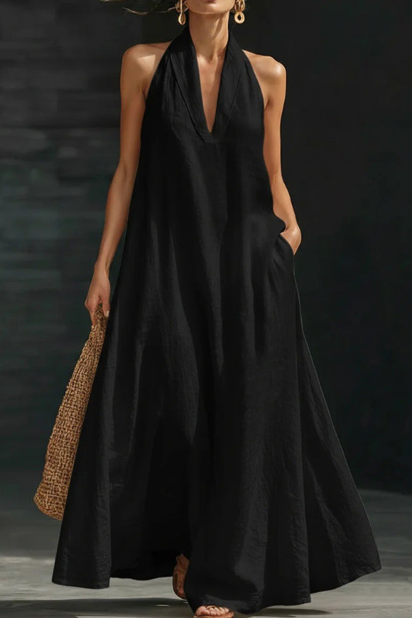 Linen Blend Solid Color Loose V-neck Pocket Casual Maxi Dress