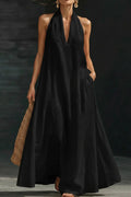 Linen Blend Solid Color Loose V-neck Pocket Casual Maxi Dress