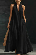 Linen Blend Solid Color Loose V-neck Pocket Casual Maxi Dress