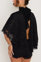 Stylish Openwork Lace Loose Top and Side Zipper Slim-fit Shorts Set