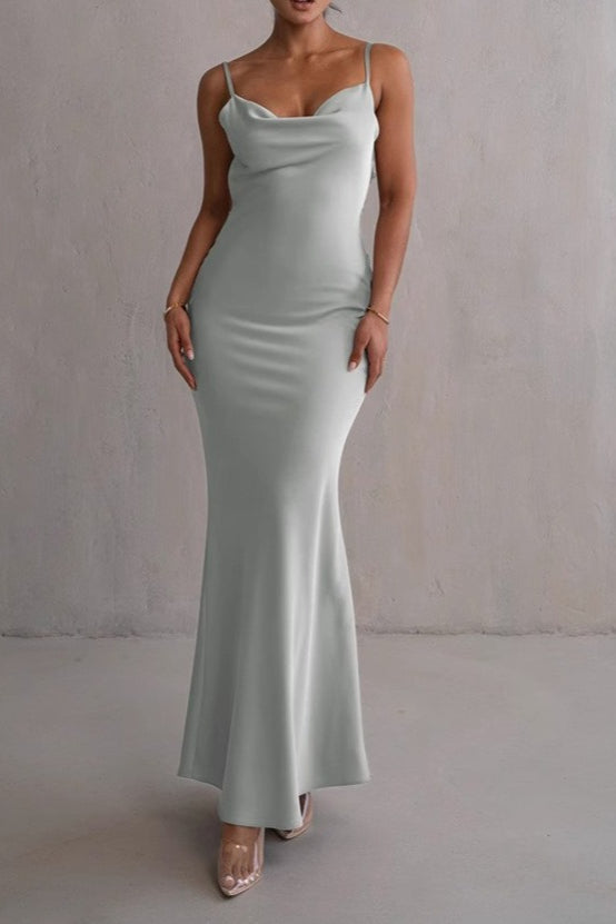 Satin Cowl Neck Spaghetti Strap Mermaid Hem Maxi Gown