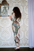 Vintage Floral Print V-Neck Bodycon Maxi Dress