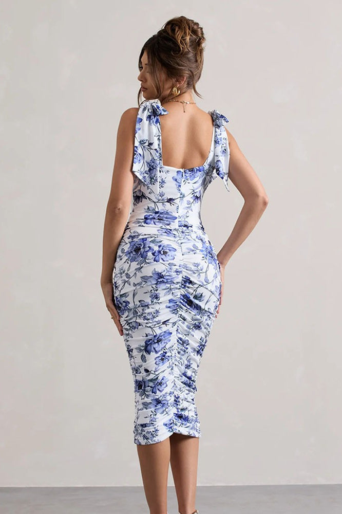 Square Neck Bow Strap Ruched Floral Toile Bodycon Midi Dress