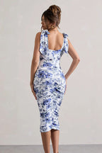 Square Neck Bow Strap Ruched Floral Toile Bodycon Midi Dress
