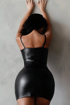 Spaghetti Strap Scoop Neck Faux Leather Bodycon Mini Dress
