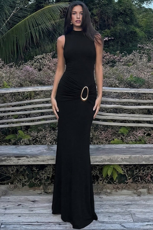 Sleeveless Mock Neck Ruched Waist Metal Ring Buckle Bodycon Maxi Dress