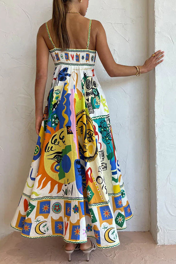 Graphic Print Square Neck Spaghetti Strap Pocket A-Line Maxi Dress