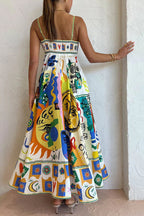 Graphic Print Square Neck Spaghetti Strap Pocket A-Line Maxi Dress
