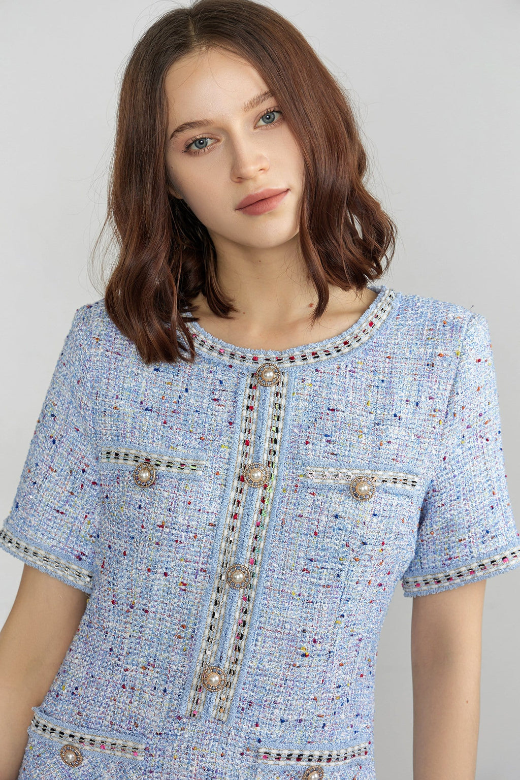Round Neck Tweed Button Front Flap Pocket Braided Trim Mini Dress