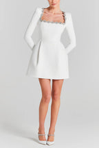 Velvet Square Neck Rhinestone Trim Long Sleeve Pocket A-Line Mini Dress