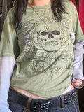 Skull Print 2 In 1 Oversized Long Sleeve Tee