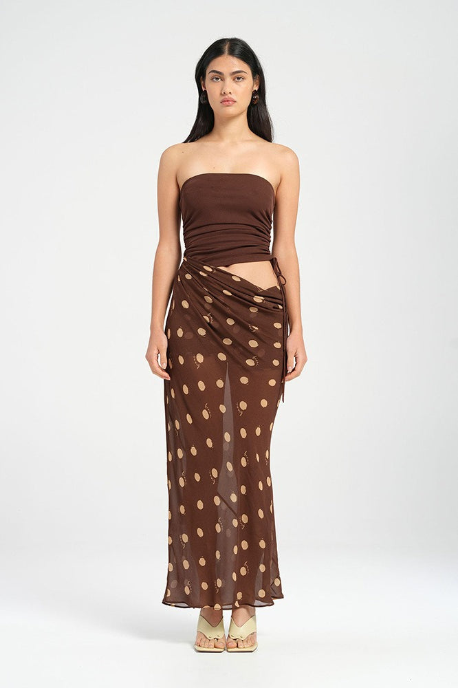 Polka Dot Strapless Ruched Drawstring Top Asymmetric Waist Maxi Skirt Two Piece Set