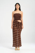 Polka Dot Strapless Ruched Drawstring Top Asymmetric Waist Maxi Skirt Two Piece Set