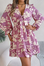 Floral Print Tie Front Deep V-Neck Smocked Waist Tiered Ruffle Mini Dress