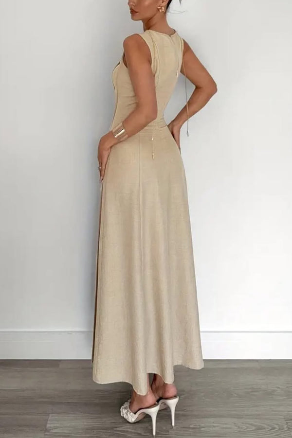 Solid Color Round Neck Sleeveless Elegant Pleated Casual Maxi Dress