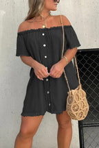 Off Shoulder Denim Button Front Frayed Trim Shift Mini Dress