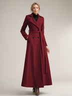 Full-length Woolen Coat For Women Wide Notched Lapel Double-breasted Belted Winter Outerwear In Solid Color 2026