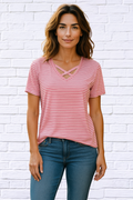 Criss Cross Neckline T Shirt - Turquoise/ White Stripe or Pink / White Stripe