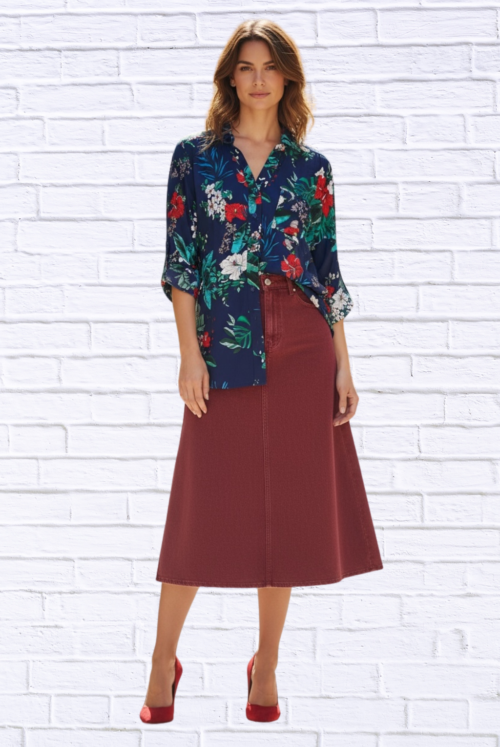 Tropical Floral Viscose Button-Up Shirt _ Collared Long Sleeve Blouse with Front Pocket