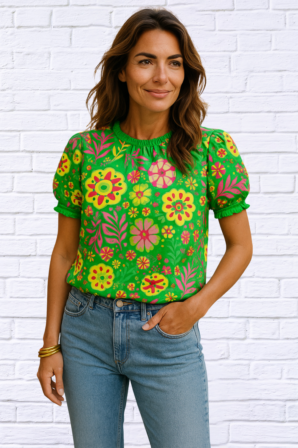 Vibrant Floral Puff Sleeve Blouse _ Green